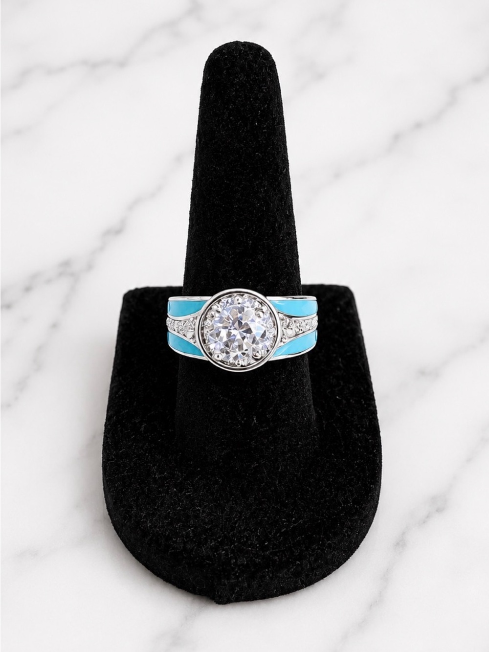 Turquoise Silver Tone Halo Ring With Cubic Zirconia Center Stone Size 9